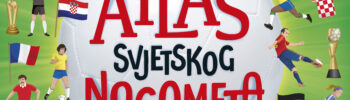 Naslovbnica knjige Atlas svjetskog nogometa Josea Morana s velikom nogometnom loptom u sredini i ilustracijama nogometaša, zastava i trofeja iz različitih zemalja svijeta na zelenoj pozadini