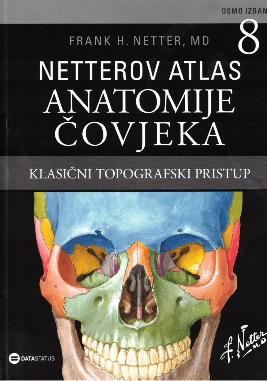 Naslovnica knjige Netterov atlas anatomije čovjeka s detaljnom anatomskom ilustracijom ljudskog tijela u prepoznatljivom medicinskom ilustratorskom stilu Franka H.Nettera