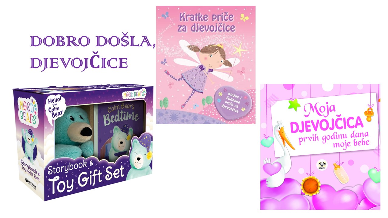 tri knjige za djevojčice, igračka, radosnica, slikovnica